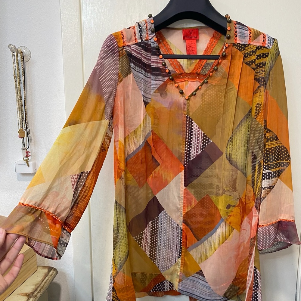 EUC Christina Orange and Yellow Sheer 3/4 Sleeve Swim Cover size M
